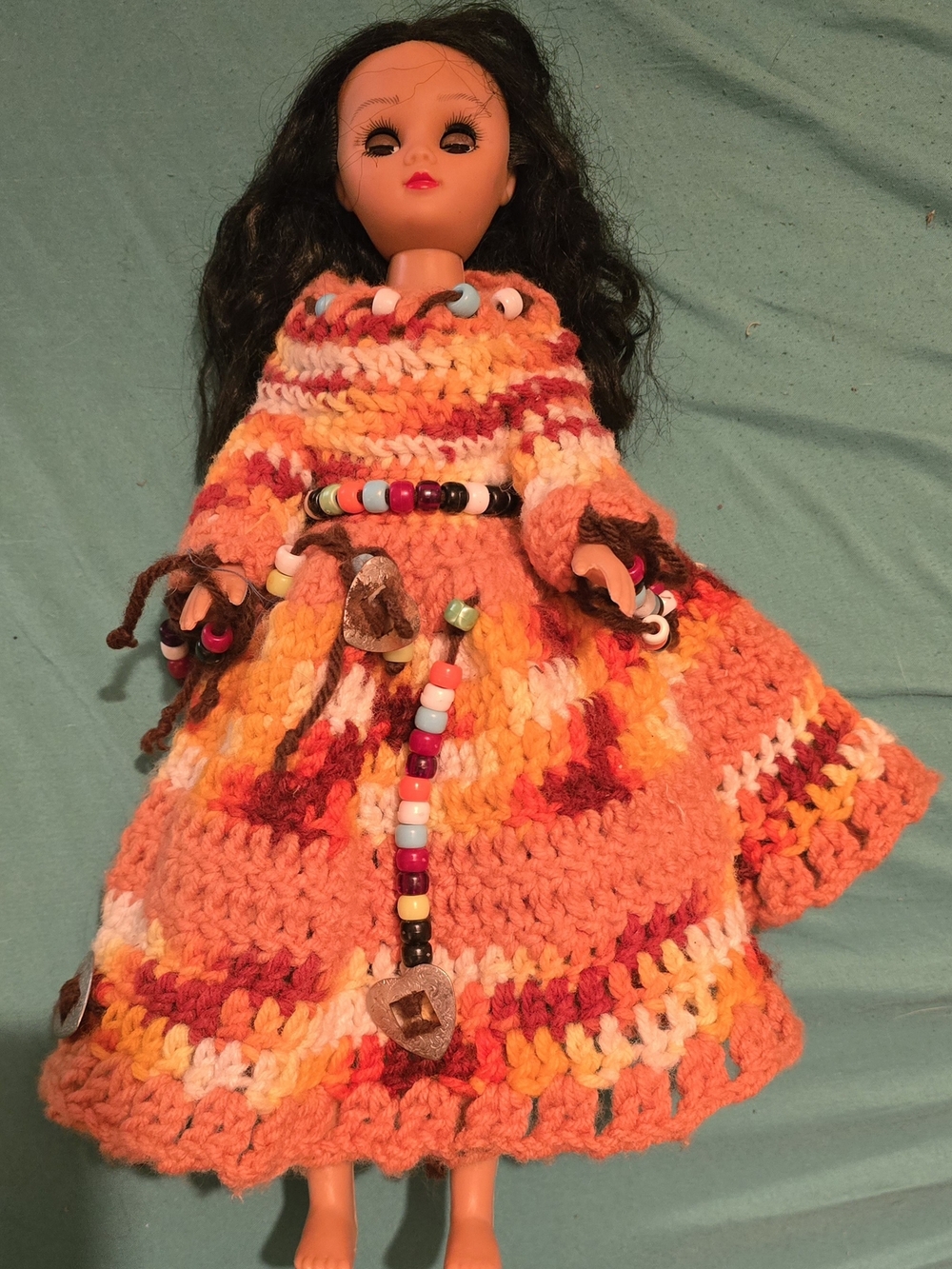 Handmade Orange Multicolor Crochet Indian Girl Doll Dress with Beaded Accents